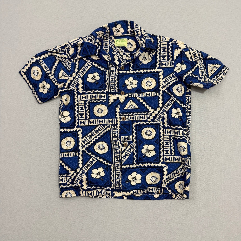 Vintage Ui-Maikai Hawaiian Shirt Small Geometric Hibiscus Floral Print 60s 70s
